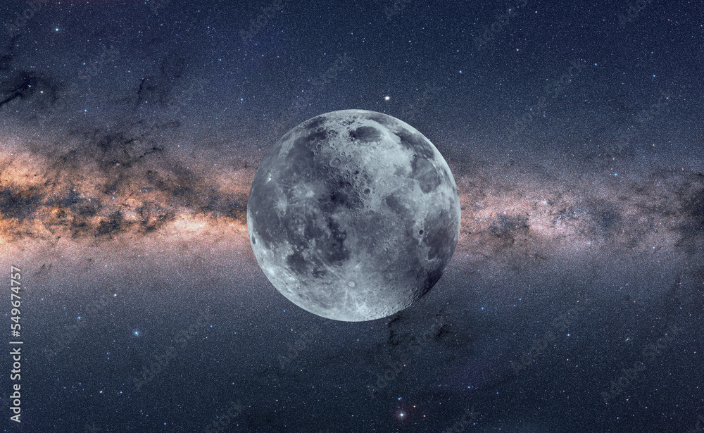 Fototapeta premium Panorama view universe space of Milky Way galaxy with stars on a night sky background and super full moon