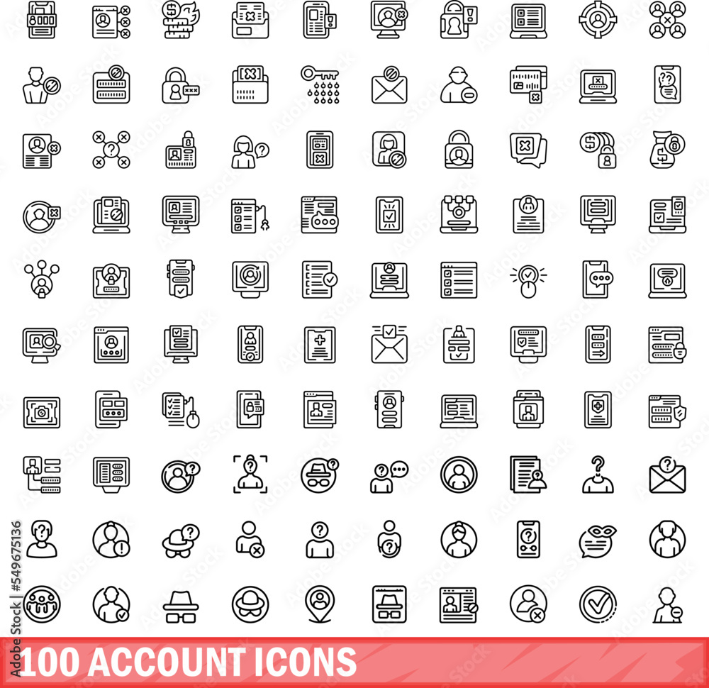 100 account icons set. Outline illustration of 100 account icons vector set isolated on white background 100 account icons set. Outline illustration of 100 account icons vector set isolated on white background