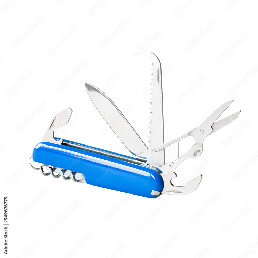 Blue multitool knife with open blades and tools, PNG clipart isolated on transparent background Blue multitool knife with open blades and tools, PNG clipart isolated on transparent background