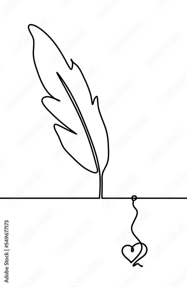 Silhouette of abstract feather with heart as line drawing on white. Vector