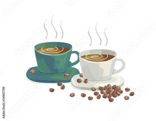 two cups of coffee with different colors and coffee beans