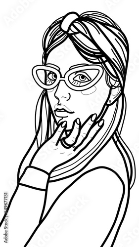 Coloring page with the image of a girl in a head scarf and vintage glasses with thick frames