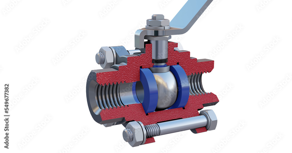 A close-up view of the cross-sectioned ball valve  with a  manual lever