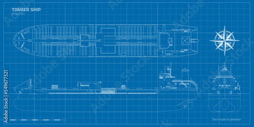 Tanker outline drawing. Contour cargo ship industrial blueprint. Petroleum boat view top, side and front. Vehicle document. Commerce water transport