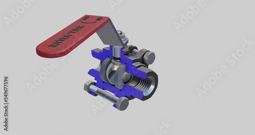 A cross-sectioned ball valve  with a red manual lever in semi-opened position photo