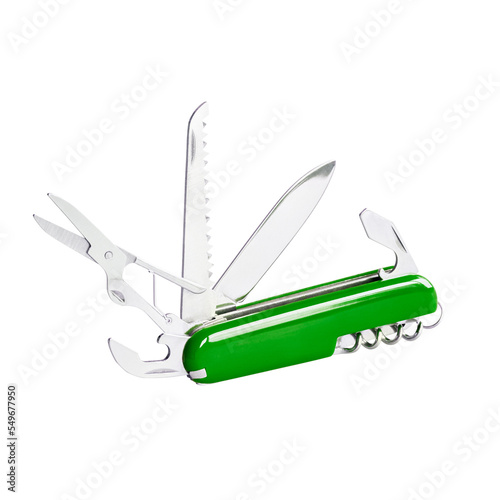 Green multipurpose swiss knife with open blades and tools. PNG clipart isolated on transparent background photo