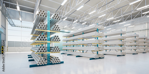 Billede på lærred 3d rendering of steel pipe product, row of shelf and concrete floor inside large warehouse building, factory or store