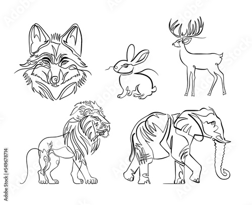 Fototapeta Naklejka Na Ścianę i Meble -  One line drawings of famous animals, vector set of five - wolf, hare, deer, lion and elephant