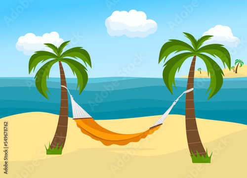 Hammock and palm trees on beach. Beach vacation. Hammock between palm trees. Tropical background with sea. Flat style vector illustration eps10