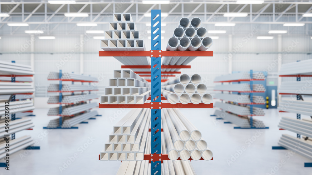 3d rendering of steel pipe product both round and square on shelf inside warehouse, factory or store. Construction material from metallurgy industry, steel production, engineering and manufacturing.