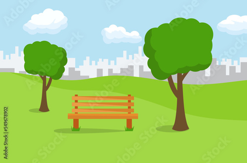 City park bench under a tree with urban landscape in background. Bench in the park behind the city beautiful view. Modern flat style vector illustration.