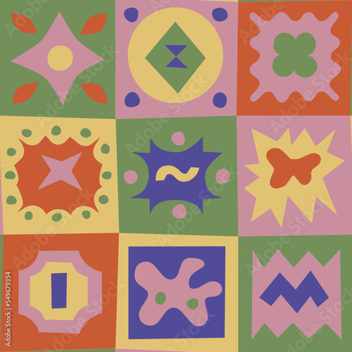 Patchwork seamless pattern. Simple flat abstract tiles in retro colors