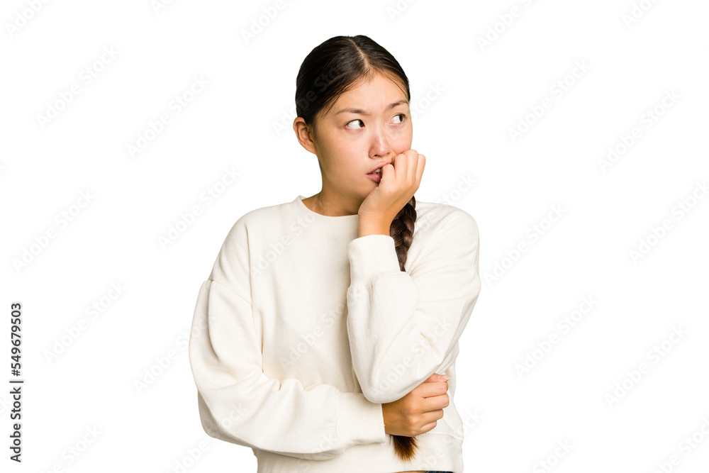 Young Asian woman isolated biting fingernails, nervous and very anxious. Young Asian woman isolated biting fingernails, nervous and very anxious.