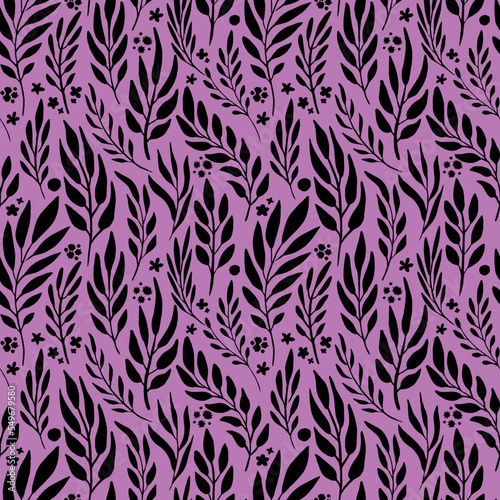 A pattern of black leaves on a purple background. Vertical floral elements of curved shapes. Seamless vector image.