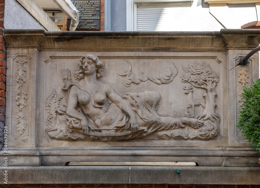 Stone relief decorating the entrances to houses at Mariacka Street in Gdańsk. Poland