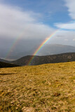 Double rainbow with forest and brown mountains and forest in the background