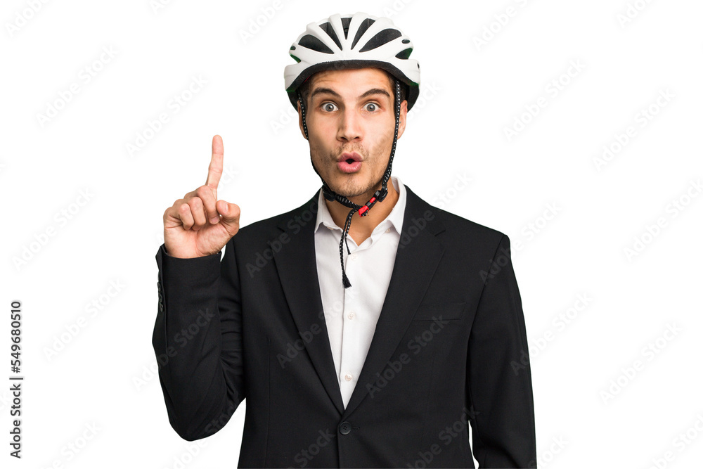Business Caucasian man wearing a bike helmet isolated having some great idea, concept of creativity. Business Caucasian man wearing a bike helmet isolated having some great idea, concept of creativity.