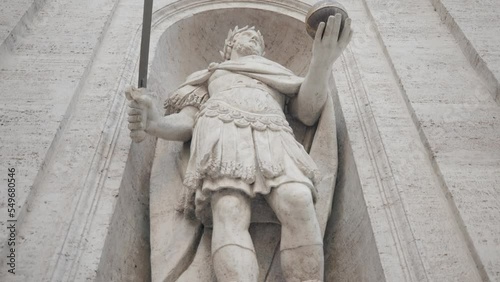 Charlemagne Statue On The Facade Of San Luigi dei Francesi Church In Rome, Italy. low angle, tilt-up reveal