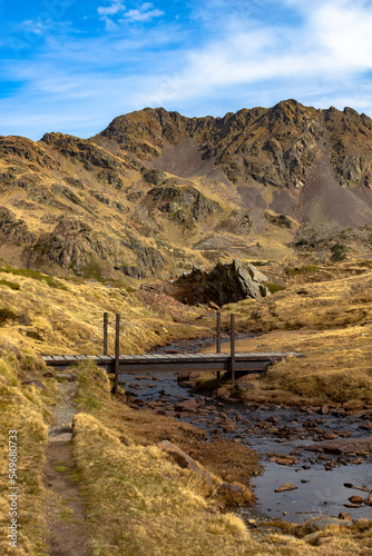 Wooden bridge over creek in brown mountain