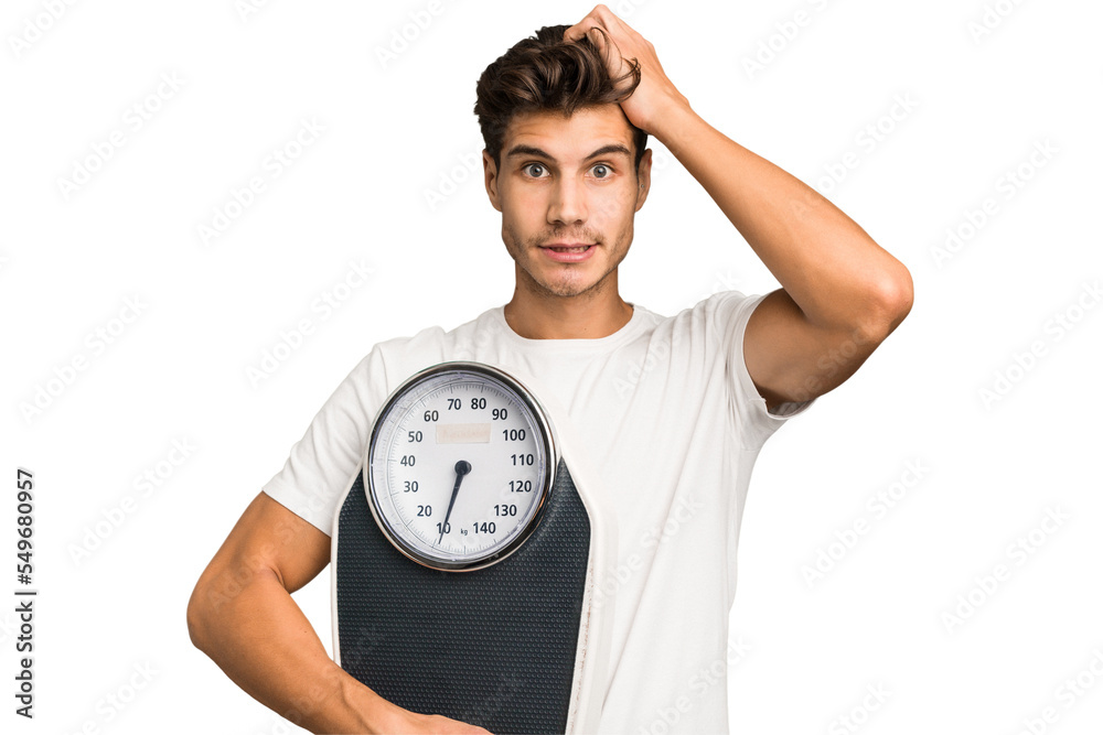 Young caucasian man holding a scale isolated being shocked, she has remembered important meeting. Young caucasian man holding a scale isolated being shocked, she has remembered important meeting.