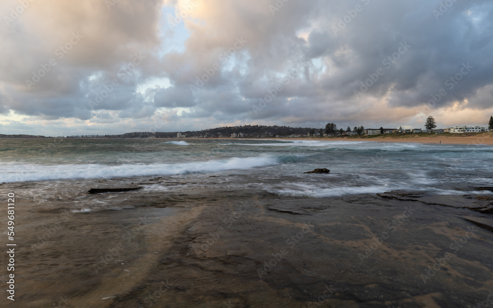 Cloudy view of Narrabeen Beach coastline, Sydney, Australia.