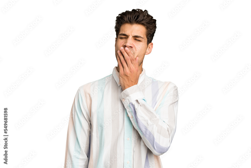 Young caucasian handsome man isolated yawning showing a tired gesture covering mouth with hand. Young caucasian handsome man isolated yawning showing a tired gesture covering mouth with hand.