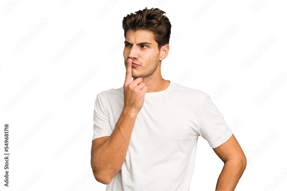 Young caucasian handsome man isolated keeping a secret or asking for silence. Young caucasian handsome man isolated keeping a secret or asking for silence.