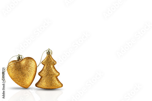 Christmas decoration. Golden heart and Christmas tree. Isolated on white background
