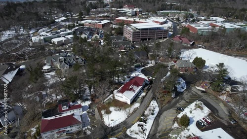 Drone shot of residential in rural area in winter in Beverly, Massachusetts, USA photo