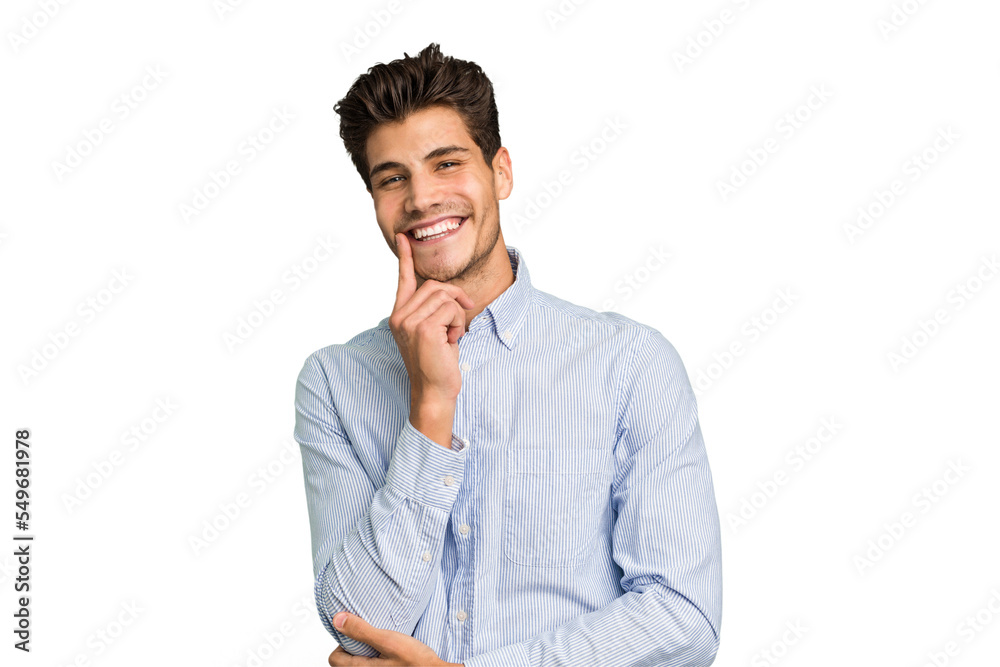 Young caucasian handsome man isolated smiling happy and confident, touching chin with hand. Young caucasian handsome man isolated smiling happy and confident, touching chin with hand.