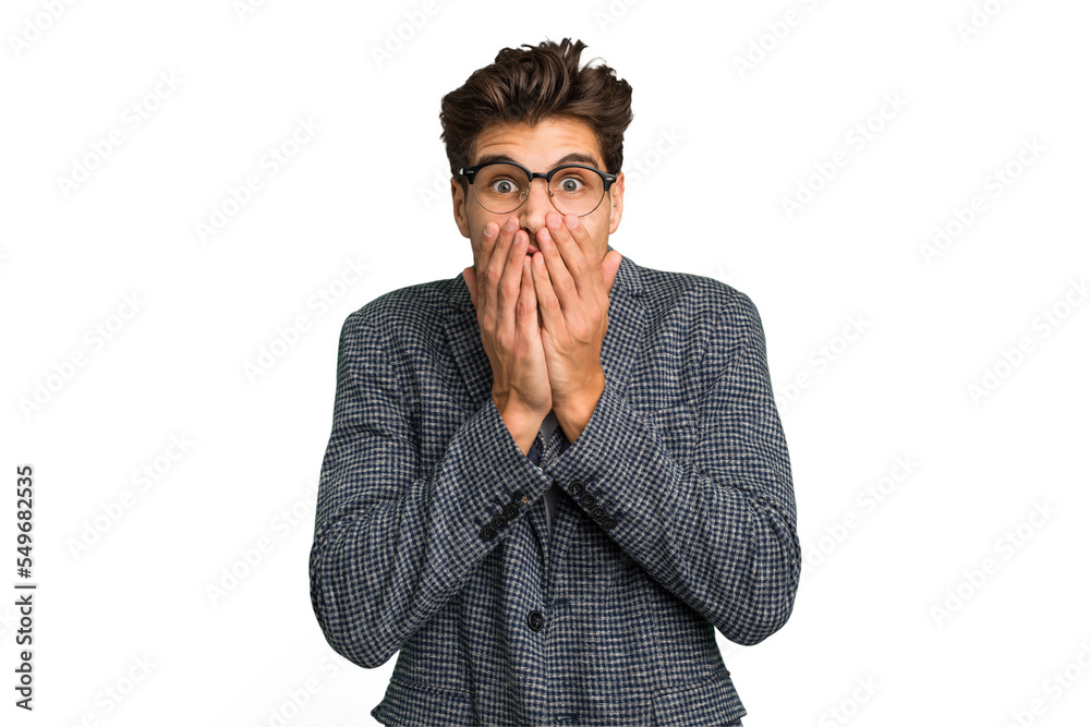 Young caucasian handsome man isolated shocked, covering mouth with hands, anxious to discover something new. Young caucasian handsome man isolated shocked, covering mouth with hands, anxious to discover something new.