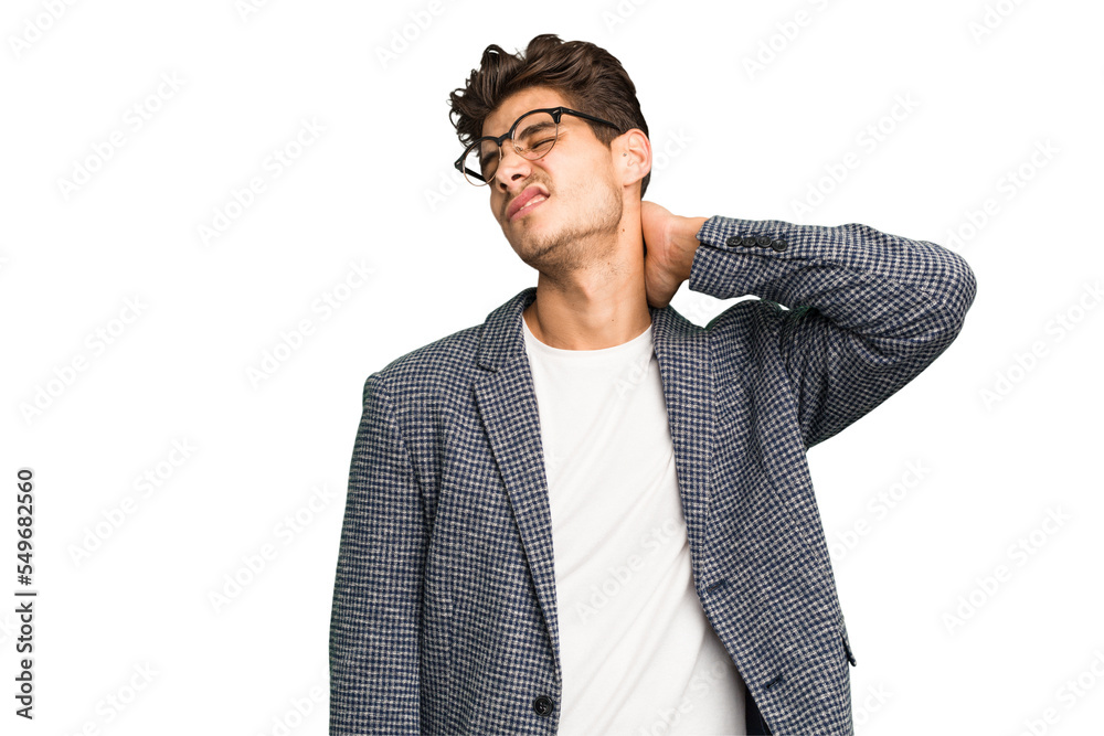 Young caucasian handsome man isolated massaging elbow, suffering after a bad movement. Young caucasian handsome man isolated massaging elbow, suffering after a bad movement.