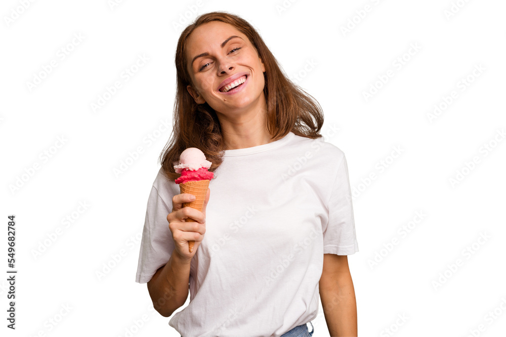 Young caucasian woman holding an ice cream isolated happy, smiling and cheerful. Young caucasian woman holding an ice cream isolated happy, smiling and cheerful.