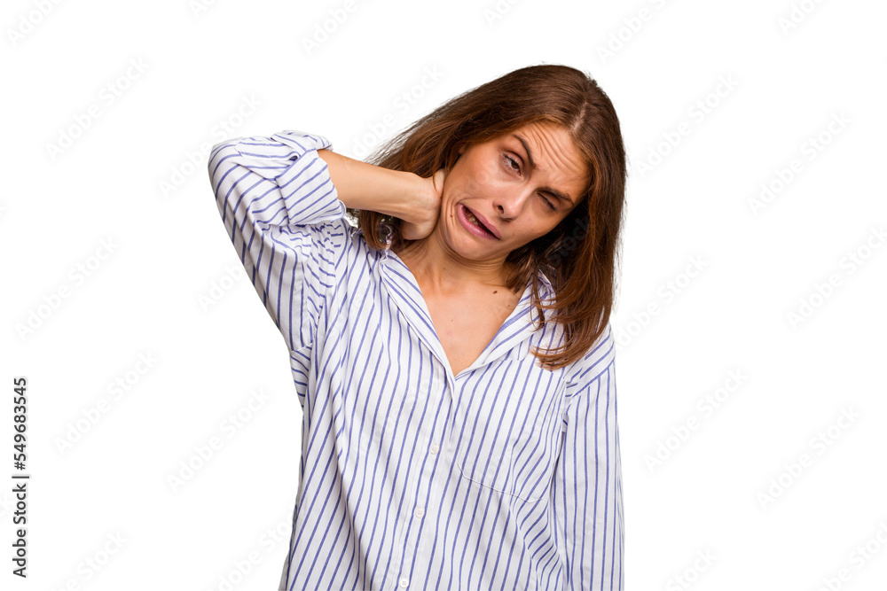 Young caucasian woman isolated suffering neck pain due to sedentary lifestyle. Young caucasian woman isolated suffering neck pain due to sedentary lifestyle.