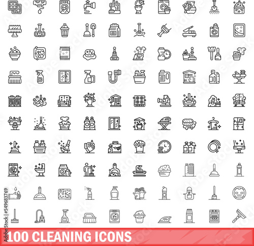 100 cleaning icons set. Outline illustration of 100 cleaning icons vector set isolated on white background