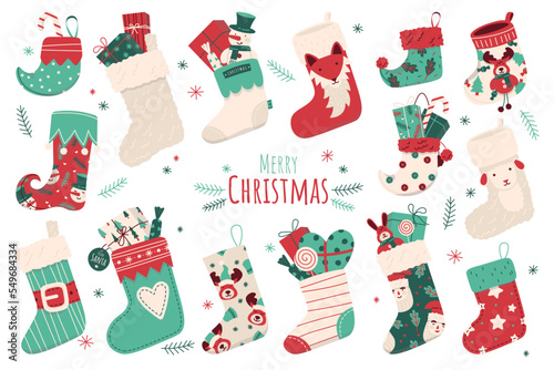 Christmas socks flat icons set. Different variation of winter decor element. Christmas stockings fireplace. Winter holiday. Festive and cozy accessory. Color isolated illustrations