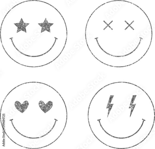 Set silver glitter smiley faces with stars, hearts, lightning
