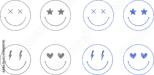 Collection grey and blue glitter smiley faces with stars, hearts, lightning
