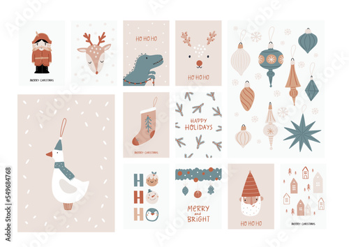 Boho Christmas vector posters with Christmas decor elements in flat style