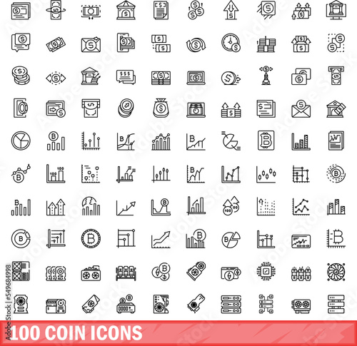 100 coin icons set. Outline illustration of 100 coin icons vector set isolated on white background