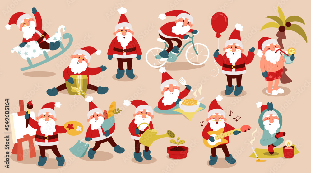 Cute funny Santa Claus flat icons set. Winter holiday celebration. Different Santa Clauses draw, cook, ride a bike, go shop. Ready for Christmas. Color isolated illustrations