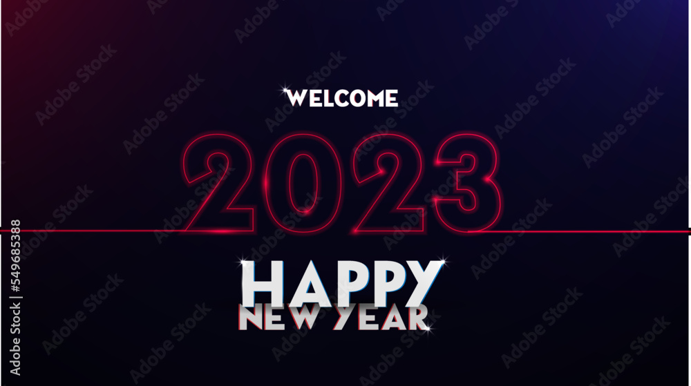 Happy new year 2023 red neon glowing texture background poster, web banner, and template design vector illustration.