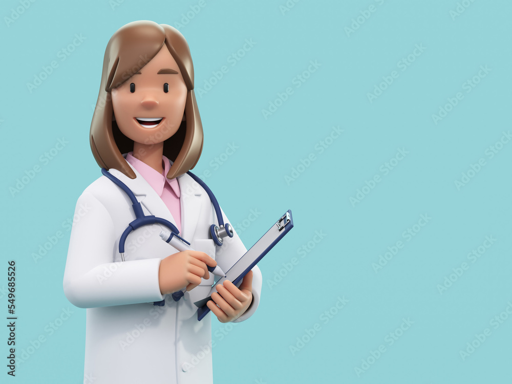 Cartoon doctor character holding pen and clipboard. Female medic specialist with stethoscope in doctor uniform. Professional consultation. Medical concept. 3d rendering - obrazy, fototapety, plakaty 