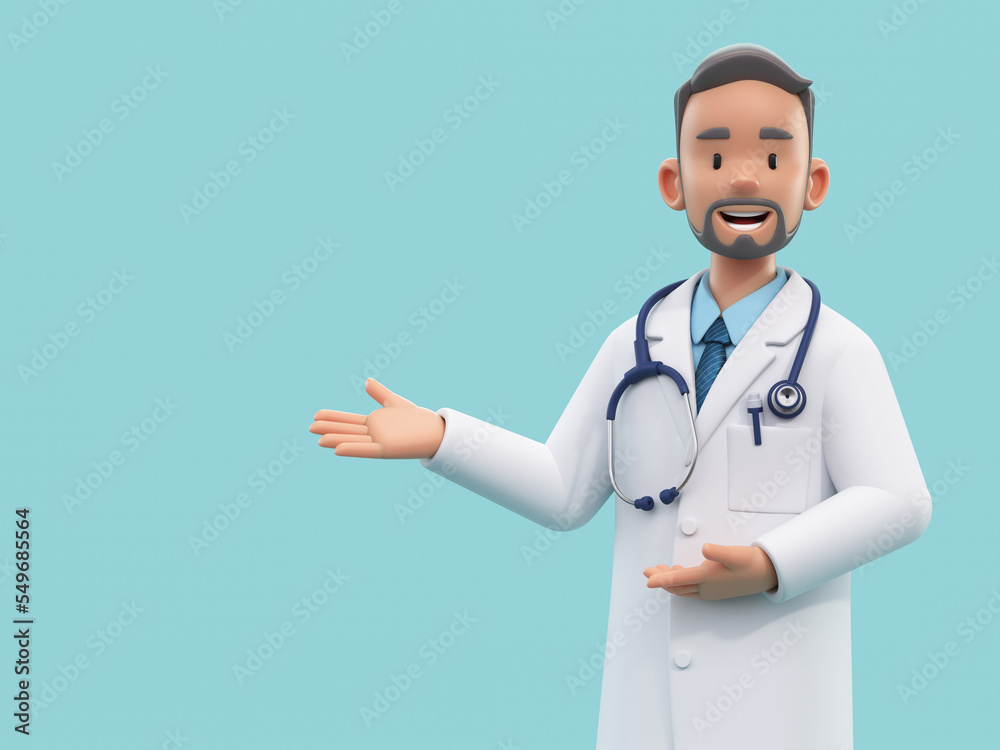 Cartoon doctor character in presenting or welcoming pose. Male medic specialist with stethoscope in doctor uniform. Medical concept. 3d rendering - obrazy, fototapety, plakaty 