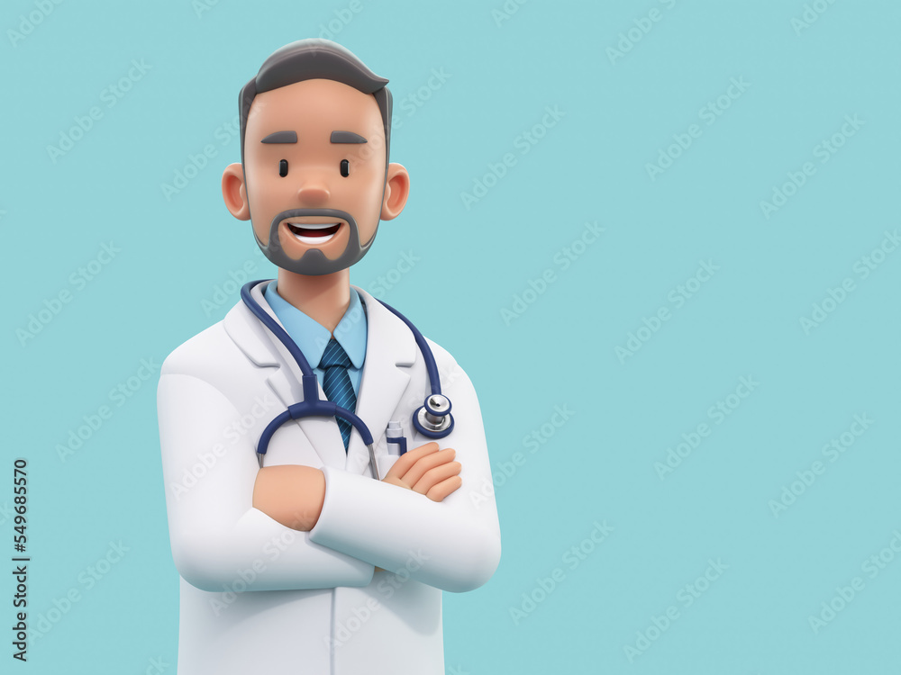 Cartoon doctor character. Male medic specialist with stethoscope in doctor uniform. Medical concept. 3d rendering - obrazy, fototapety, plakaty 