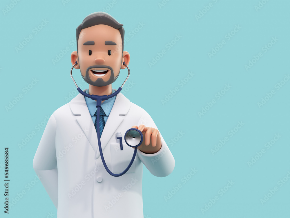 Cartoon doctor character doing check up. Male medic specialist with stethoscope in doctor uniform. Medical concept. 3d rendering - obrazy, fototapety, plakaty 