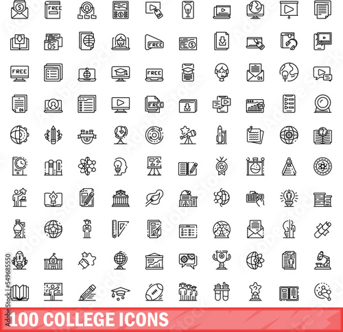 100 college icons set. Outline illustration of 100 college icons vector set isolated on white background