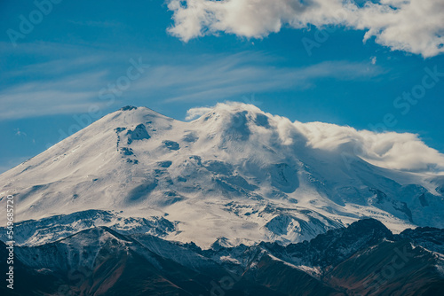 Big mountain Elbrus. Snow covered Greater Caucasus mountains. The two peaks of Mount Elbrus . Europe s highest peak. Journey to Kabardino-Balkaria. Russia.