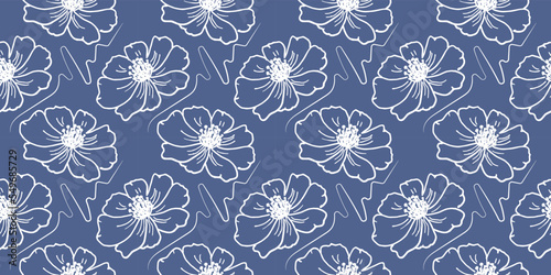 Botanical vector seamless pattern floral repeat background cosmea flowers hand drown minimalistic style white blue color