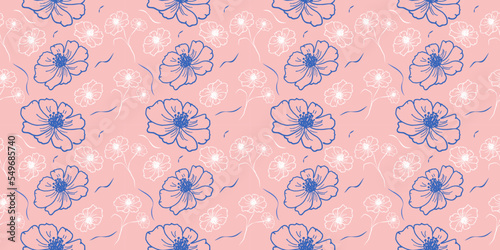 Botanical vector seamless pattern floral repeat background cosmea flowers hand drown minimalistic style white pink blue color